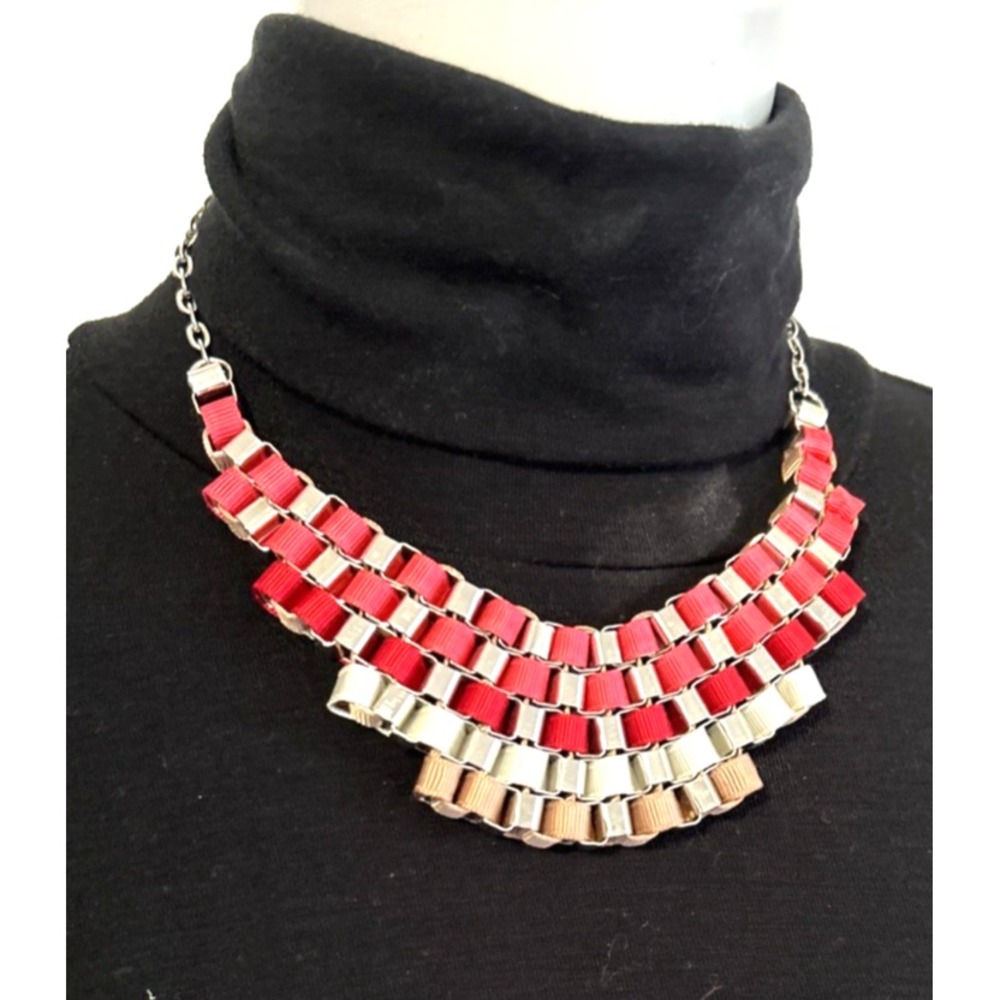NY Collection Red Ribbon Silver Bib Necklace Mod Avant Garde Boho 90s Statement